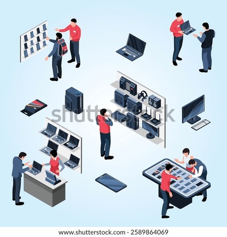 Isometric gadget shop infographics with flowchart of electronic devices on shelves with people and editable text illustration