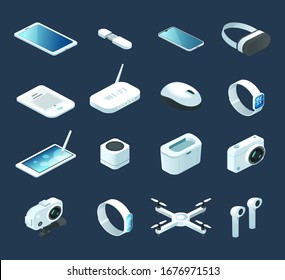 Isometric gadgetry digital technology device vector illustration. Electronic gadgets, radio tower quadcopter, flashdrive. Headphones, camera, router, smartphone and watch gadget for digital gadgeter