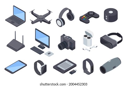 Isometric gadgets. Electronic wireless technology devices. Drone headphones, smartwatch vr headset, router. 3d technological device vector set