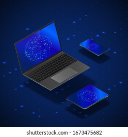 Isometric Gadgets Mock Up Set. Realistic Laptop Mobile And Tablet With Global Networking On Screen. Modern Digital Ecosystem. Vector In Blue Color