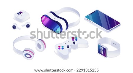 Isometric gadgets set. VR glasses, wired and wireless headphones, smartphone and joystick. Collection for games and entertainment. Cartoon 3D vector illustrations isolated on white background