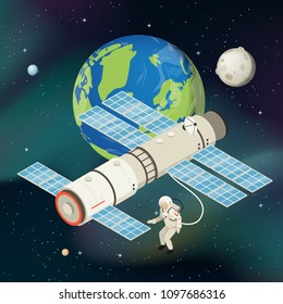 Isometric galaxy exploration concept with spaceship astronaut wearing spacesuit in outer space on planets and starry landscape vector illustration