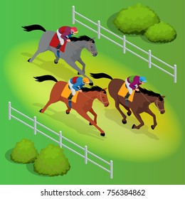 Isometric galloping race horses in racing competition competing with each other. Vector illustration. Equestrian sport