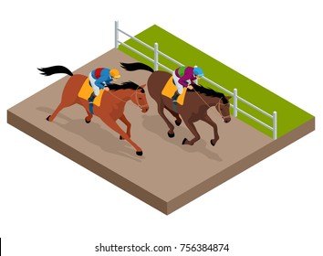 Isometric galloping race horses in racing competition competing with each other. Vector illustration. Equestrian sport. Harness racing at the Hippodrome.