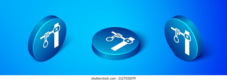 Isometric Gallow rope loop colgante icono aislado en fondo azul. Rope atado a la nariz. Suicidio, ahorcamiento o linchamiento. Botón de círculo azul. Vector
