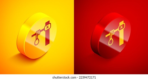 Isometric Gallows rope loop hanging icon isolated on orange and red background. Rope tied into noose. Suicide, hanging or lynching. Circle button. Vector