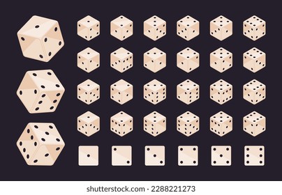 Isometric gambling dice. Casino games cube pieces, backgammon dice. Board games and poker dice 3d vector illustration set