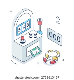 Máquina de jogo isométrica com moedas e fichas, perfeito para casino e entretenimento