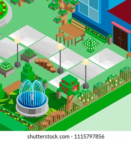 Isometric game background, vector nature garden landscape, city green park elements, architecture design web icon.