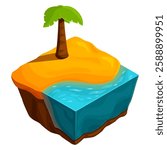 isometric game beach landscape with palm tree flying island, vector illustration