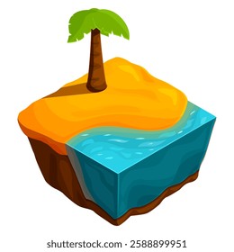 isometric game beach landscape with palm tree flying island, vector illustration