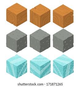 Isometric game brick cubes set. Vector wood, stone and ice cubes design elements for games.