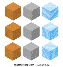 Isometric game brick cubes set. Vector wood, stone and ice cubes design elements for games.