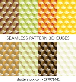 Isometric game brick cubes set. Vector wood cubes design elements for games. Seamless pattern.