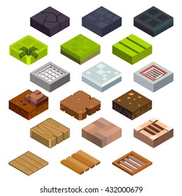 Isometric game brick cubes set for computer games. Cube for game, element texture, nature brick for computer game, illustration vector