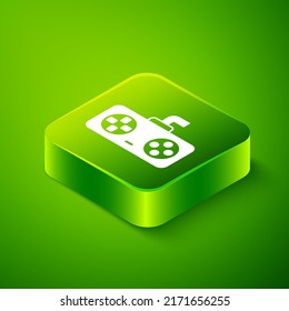 Isometric Game controller or joystick for game console icon isolated on green background. Green square button. Vector