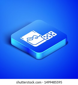 Isometric Game dice and glass of whiskey with ice cubes icon isolated on blue background. Casino gambling. Blue square button. Vector Illustration