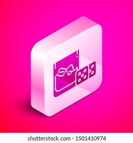 Isometric Game dice and glass of whiskey with ice cubes icon isolated on pink background. Casino gambling. Silver square button. Vector Illustration