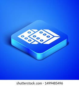 Isometric Game dice icon isolated on blue background. Casino gambling. Blue square button. Vector Illustration
