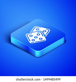 Isometric Game dice icon isolated on blue background. Casino gambling. Blue square button. Vector Illustration