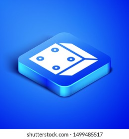 Isometric Game dice icon isolated on blue background. Casino gambling. Blue square button. Vector Illustration