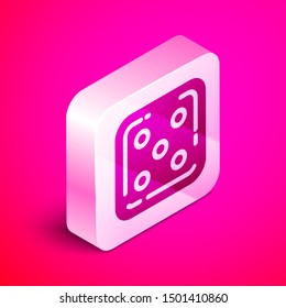 Isometric Game dice icon isolated on pink background. Casino gambling. Silver square button. Vector Illustration