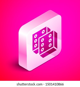 Isometric Game dice icon isolated on pink background. Casino gambling. Silver square button. Vector Illustration