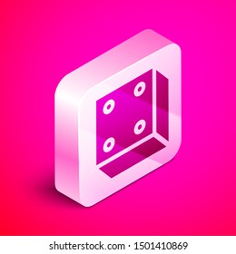 Isometric Game dice icon isolated on pink background. Casino gambling. Silver square button. Vector Illustration