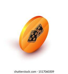 Isometric Game dice icon isolated on white background. Casino gambling. Orange circle button. Vector Illustration