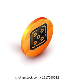 Isometric Game dice icon isolated on white background. Casino gambling. Orange circle button. Vector Illustration