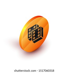 Isometric Game dice icon isolated on white background. Casino gambling. Orange circle button. Vector Illustration