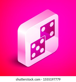 Isometric Game dice icon isolated on pink background. Casino gambling. Silver square button. Vector Illustration