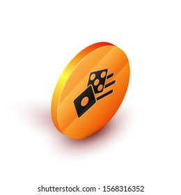 Isometric Game dice icon isolated on white background. Casino gambling. Orange circle button. Vector Illustration