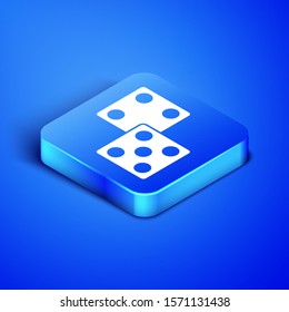 Isometric Game dice icon isolated on blue background. Casino gambling. Blue square button. Vector Illustration