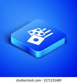 Isometric Game dice icon isolated on blue background. Casino gambling. Blue square button. Vector Illustration