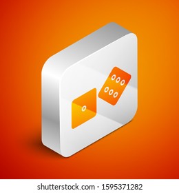 Isometric Game dice icon isolated on orange background. Casino gambling. Silver square button. Vector Illustration