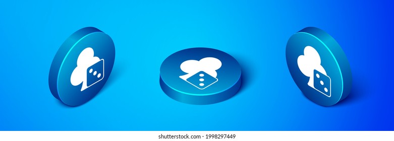 Isometric Game dice icon aislado en fondo azul. Juego de casino. Botón de círculo azul. Vector