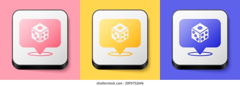 Isometric Game dice icon aislado en fondo rosa, amarillo y azul. Juego de casino. Botón cuadrado. Vector