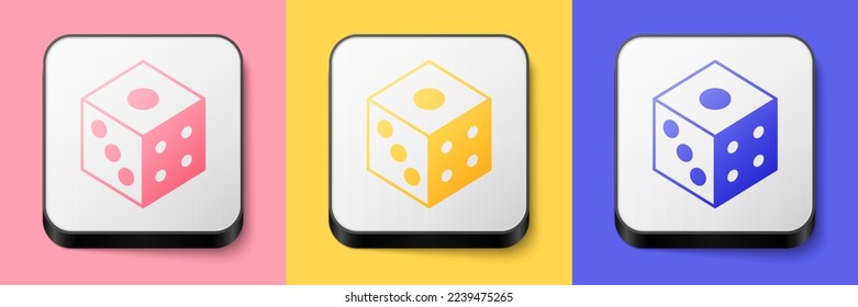 Isometric Game dice icon isolated on pink, yellow and blue background. Casino gambling. Square button. Vector