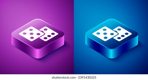 Isometric Game dice icon aislado en fondo azul y púrpura. Juego de casino. Botón cuadrado. Vector