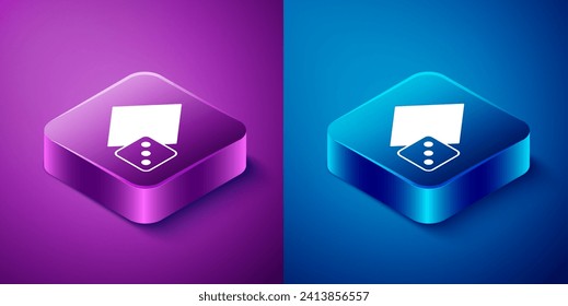 Isometric Game dice icon aislado en fondo azul y púrpura. Juego de casino. Botón cuadrado. Vector