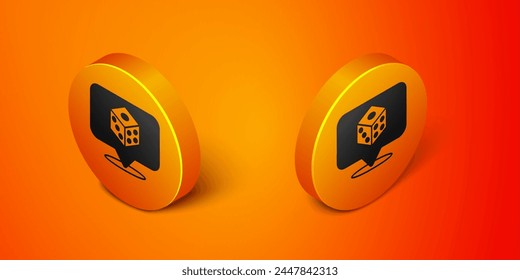 Isometric Game dice icon isolated on orange background. Casino gambling. Orange circle button. Vector