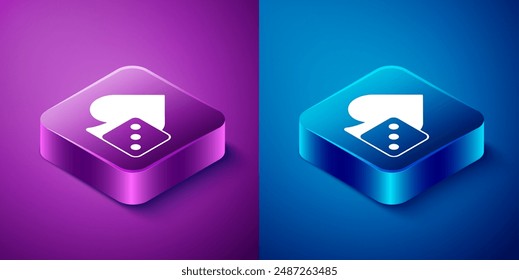 Icono de dados de juego isométrico aislado sobre fondo azul y púrpura. Juegos de casino. Botón cuadrado. Vector