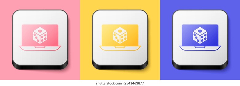 Isometric Game dice icon isolated on pink, yellow and blue background. Casino gambling. Square button. Vector