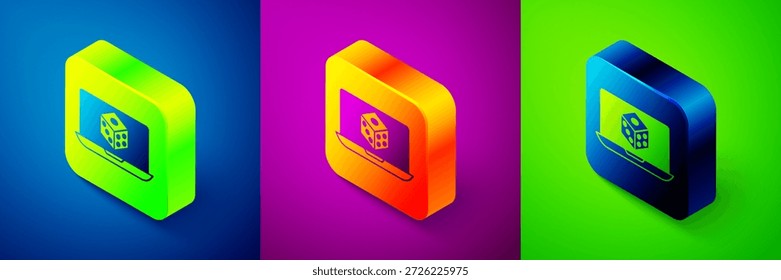 Isometrisches Würfel-Symbol einzeln auf blauem, violettem und grünem Hintergrund. Casino-Glücksspiel. Quadratischer Knopf. Vektorgrafik