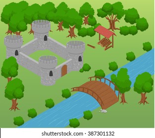 Isometric for game . Elements for game. strategy bridge castle