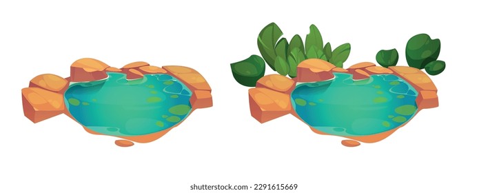 Isometric game elements, for user interface design, body of water, lake. Cartoon environment landscape graphics for PC or mobile devices