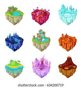 Isometric game islands set with lake fantastic forest ice crystal mountains waterfall volcano tropical landscapes isolated vector illustration