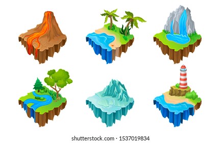Isometric Game Islands Vector Illustrated Set. Different Landscapes Scenes Collection.