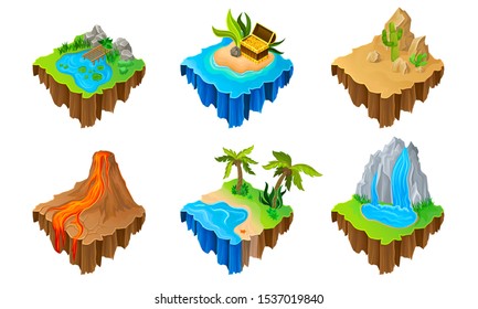 Isometric Game Islands Vector Illustrated Set. Different Landscapes Scenes Collection.